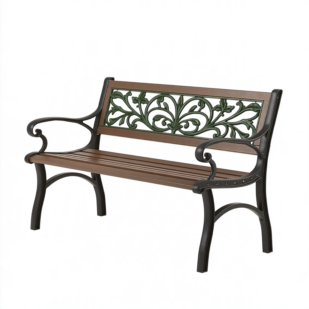 Gartenbank 127 x 61 x 87 cm aus Metall und Kunststoff in Braun Schwarz Grün mit Ornament-Rückenlehne