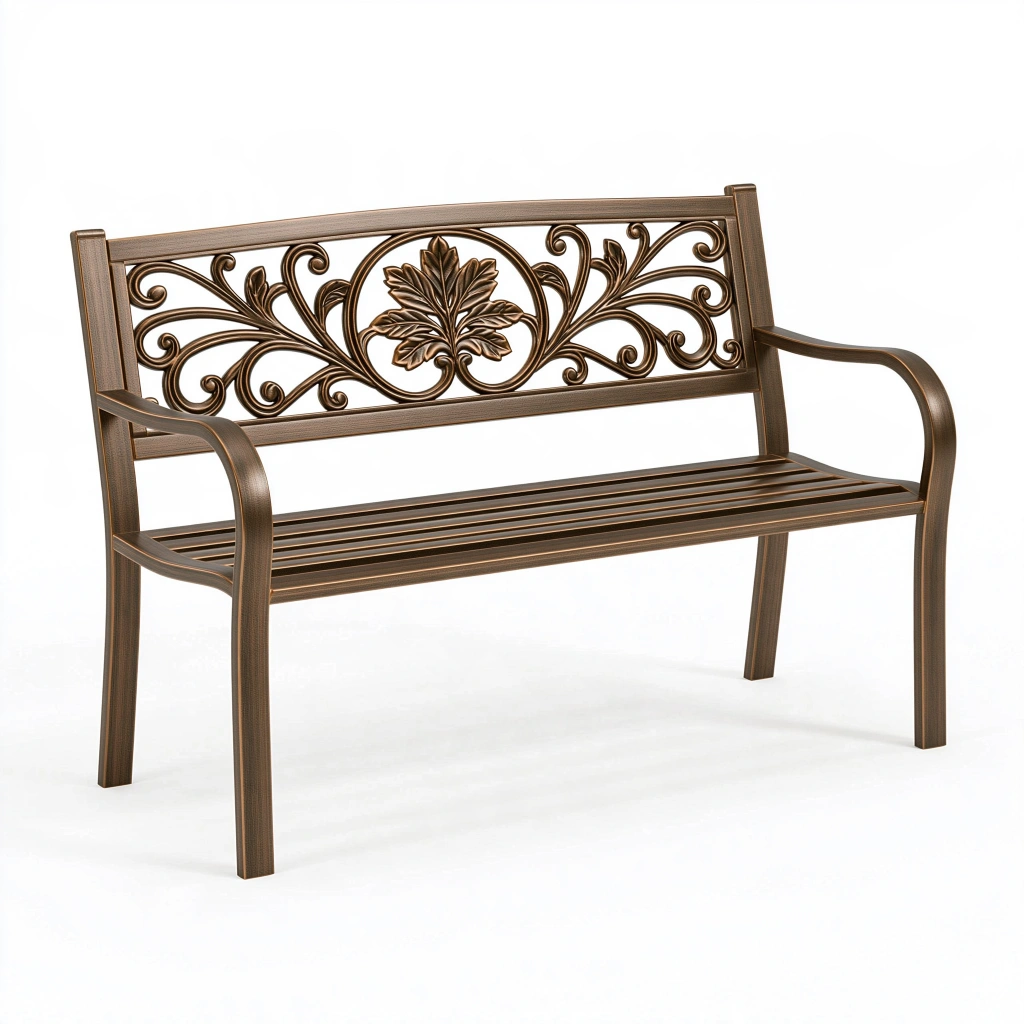 Gartenbank 120 cm Metall Bronze mit Armlehnen Blattornament