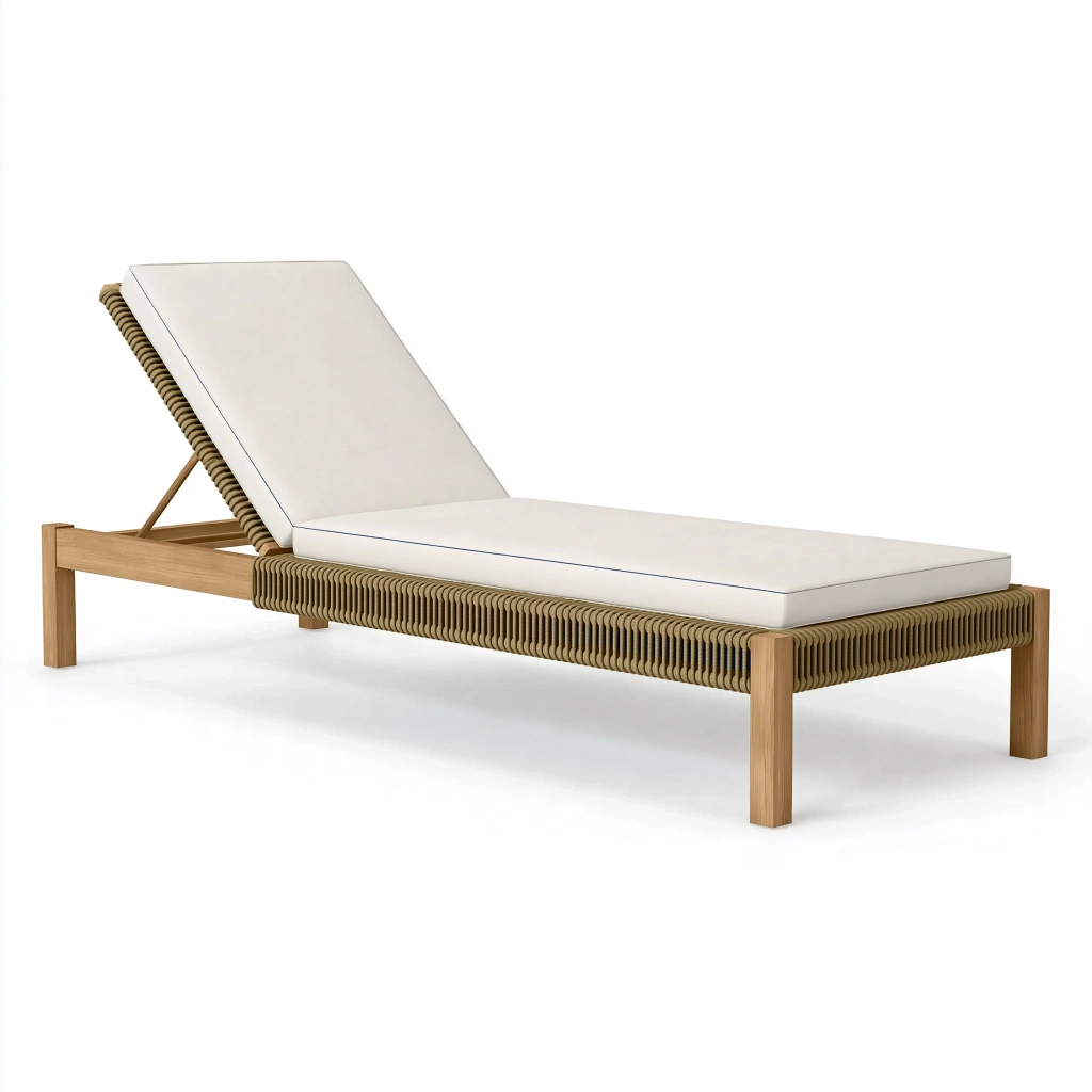 Gartenliege 200 x 70 cm aus Holz und Seilgeflecht Naturweiß mit verstellbarer Rückenlehne