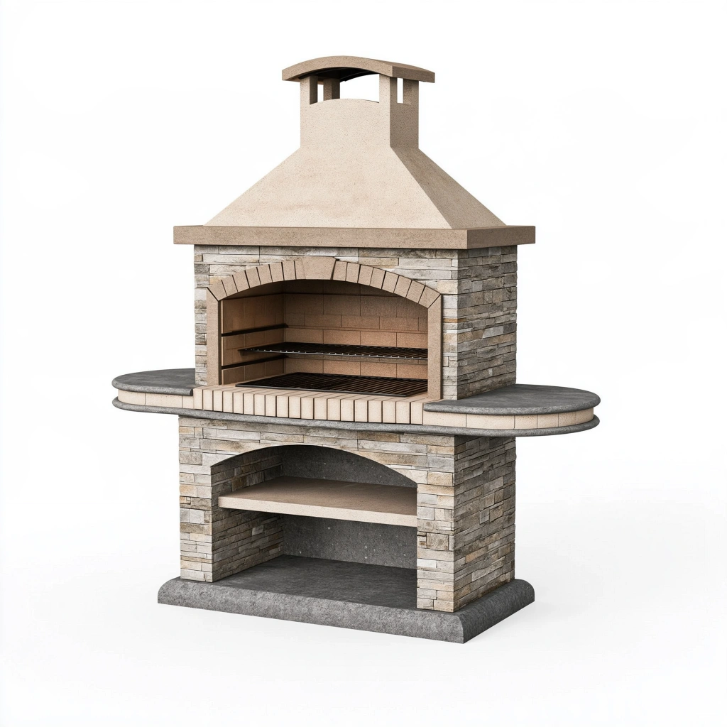 Gartengrill 180 x 90 x 240 cm aus Beton und Steinverkleidung in Beige Grau mit Kamin und Grillrost