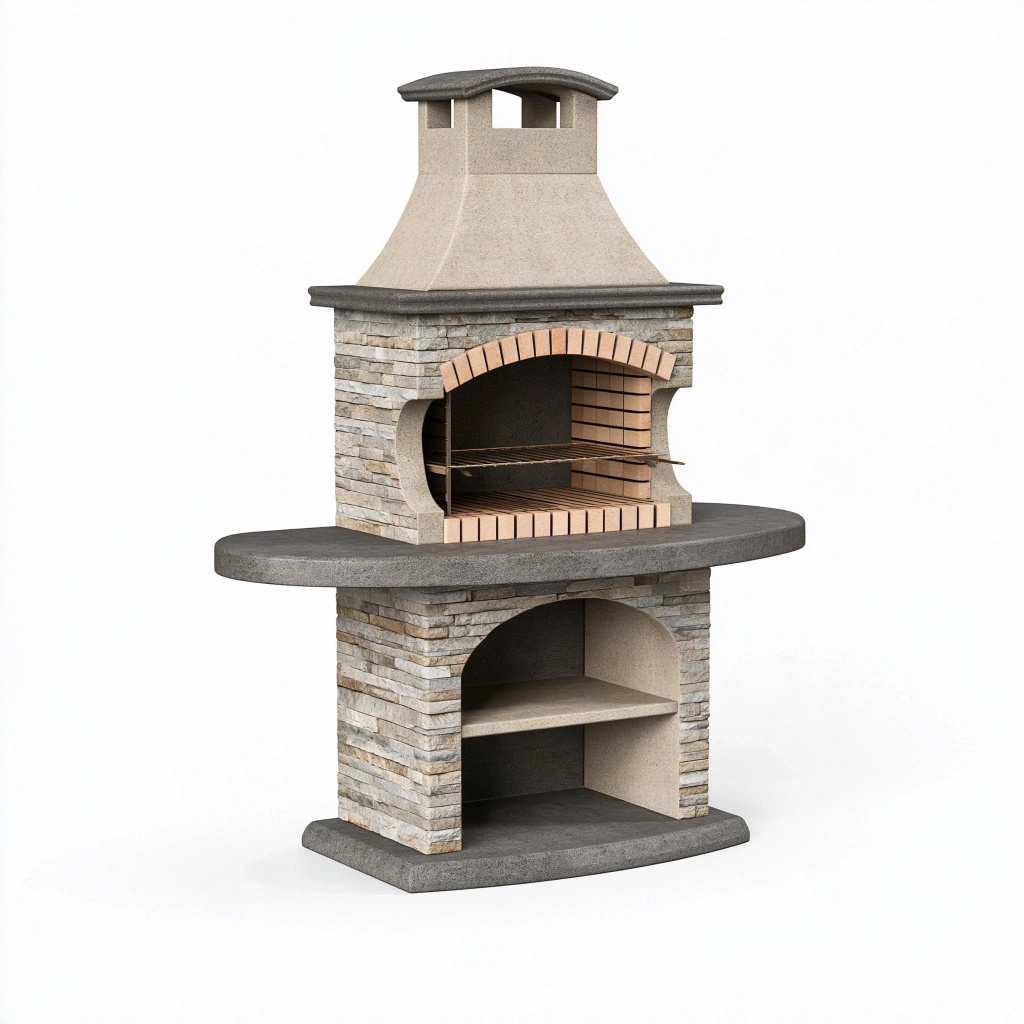 Gartengrill 140 x 70 x 210 cm aus Beton und Stein Grau Beige mit Grillrost und Kamin